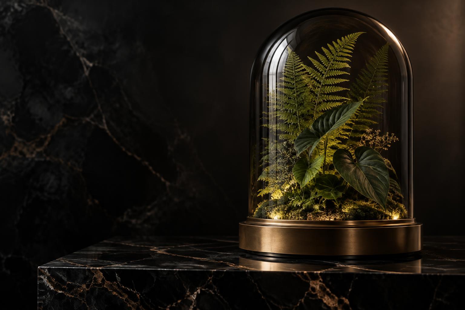 Warm golden botanical cloche on an aged bronze base
